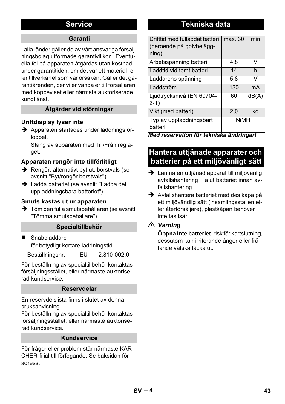 Service, Tekniska data | Karcher K 55 Pet Plus User Manual | Page 43 / 120