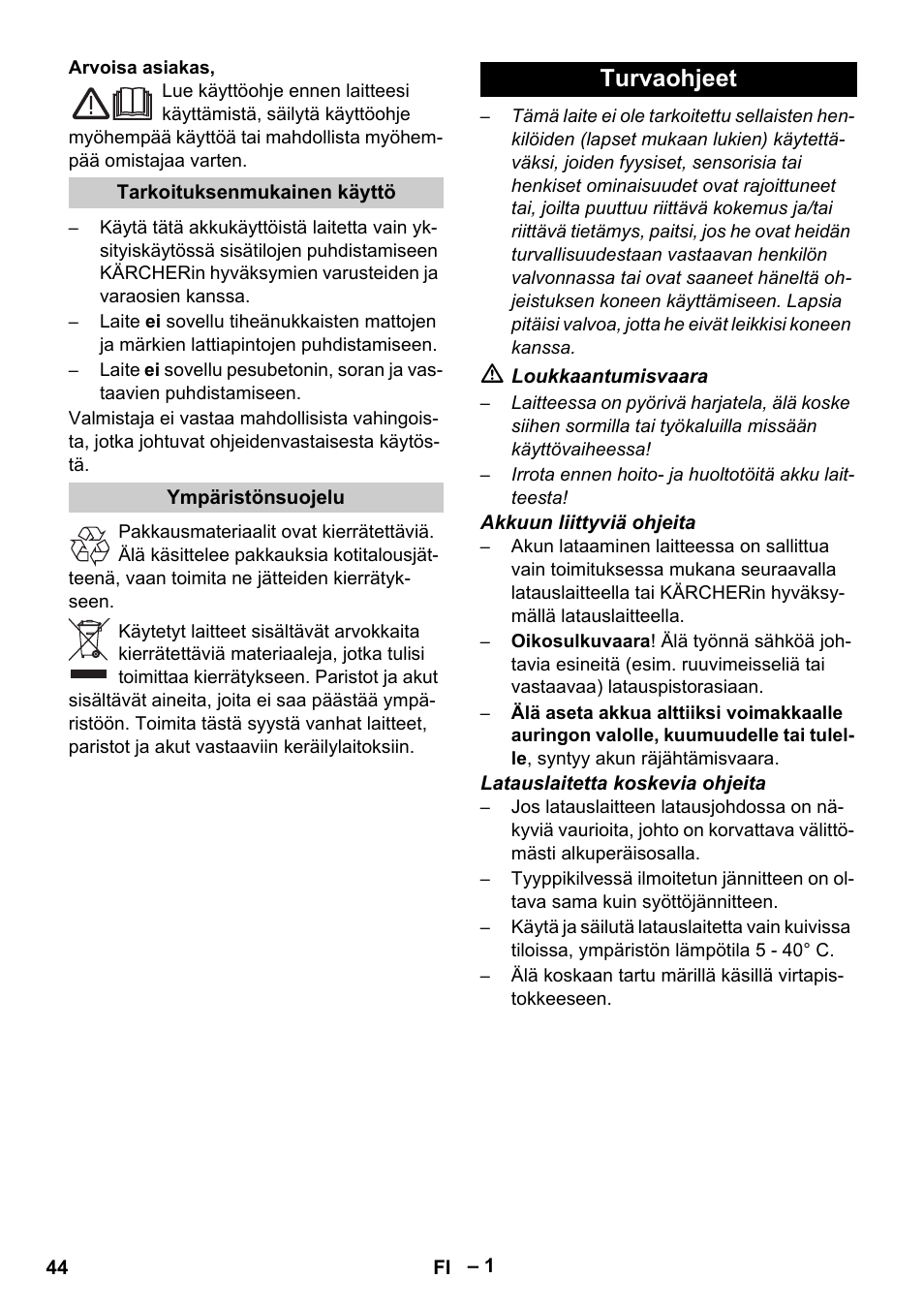 Suomi, Turvaohjeet | Karcher K 55 Pet Plus User Manual | Page 44 / 120