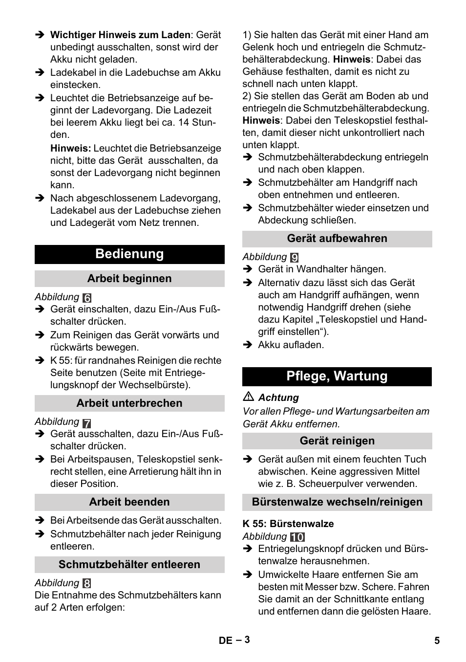Bedienung, Pflege, wartung | Karcher K 55 Pet Plus User Manual | Page 5 / 120