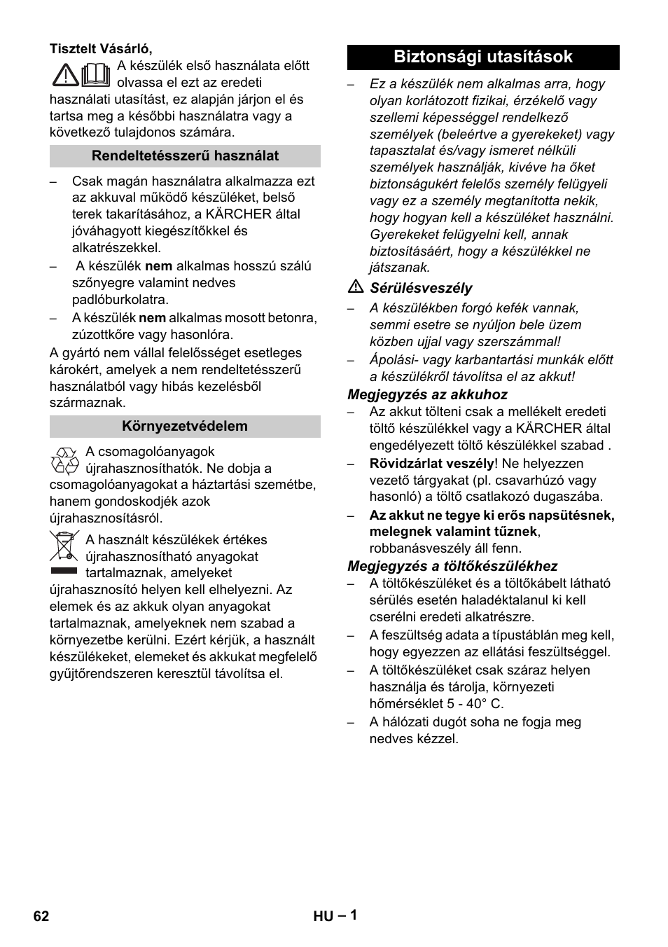 Magyar, Biztonsági utasítások | Karcher K 55 Pet Plus User Manual | Page 62 / 120