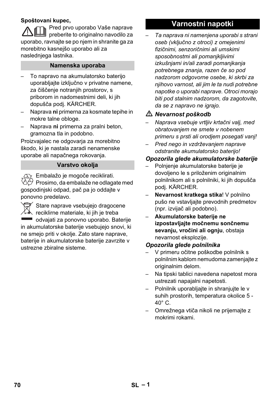 Slovenščina, Slovenšina, Varnostni napotki | Karcher K 55 Pet Plus User Manual | Page 70 / 120
