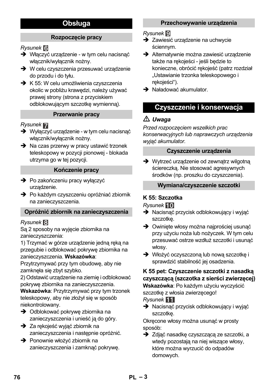 Obsługa, Czyszczenie i konserwacja | Karcher K 55 Pet Plus User Manual | Page 76 / 120