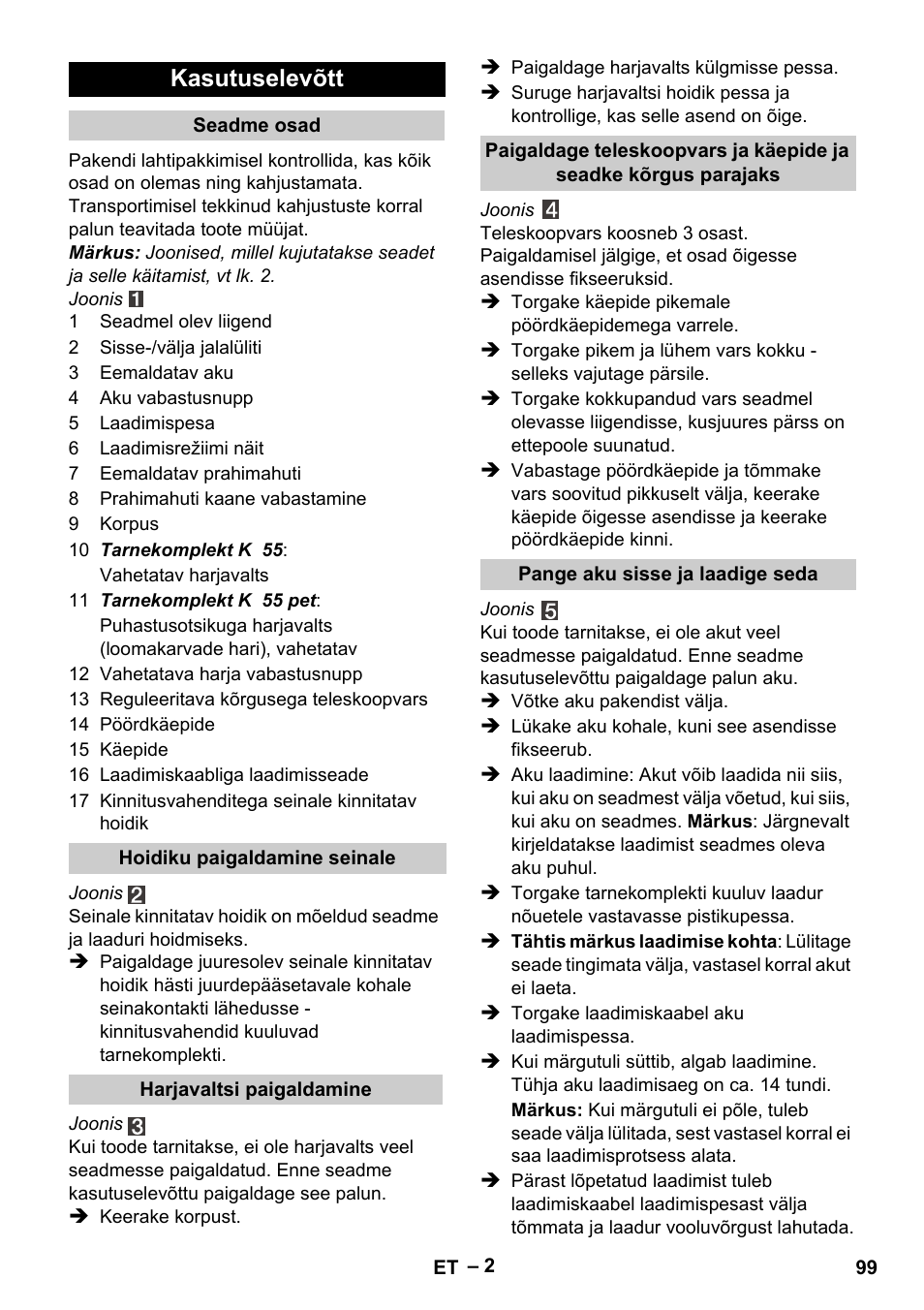 Kasutuselevõtt | Karcher K 55 Pet Plus User Manual | Page 99 / 120