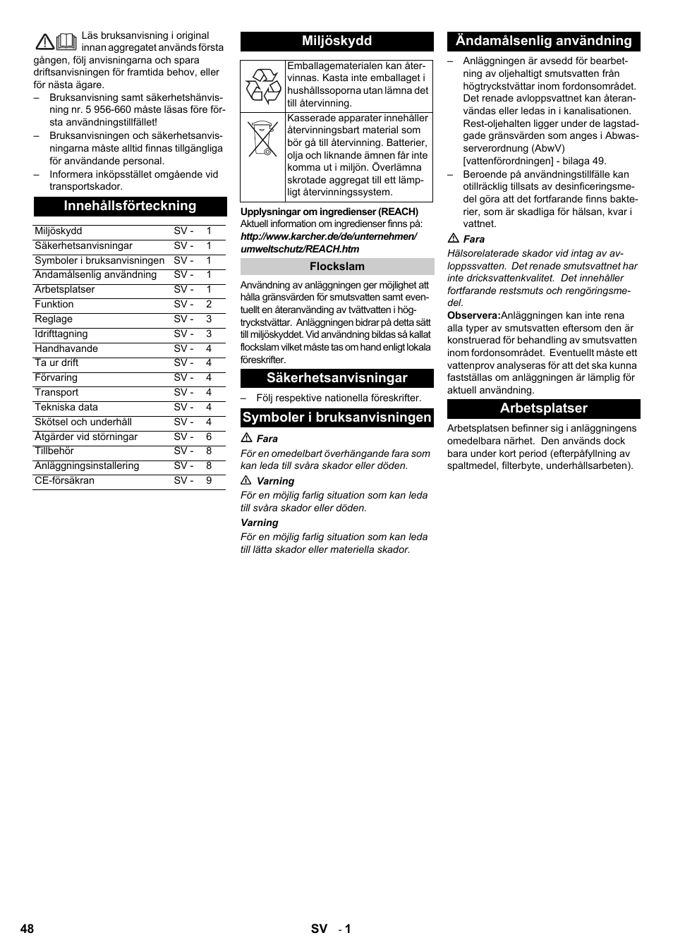 Innehållsförteckning, Miljöskydd | Karcher HDR 777 EU User Manual | Page 48 / 96