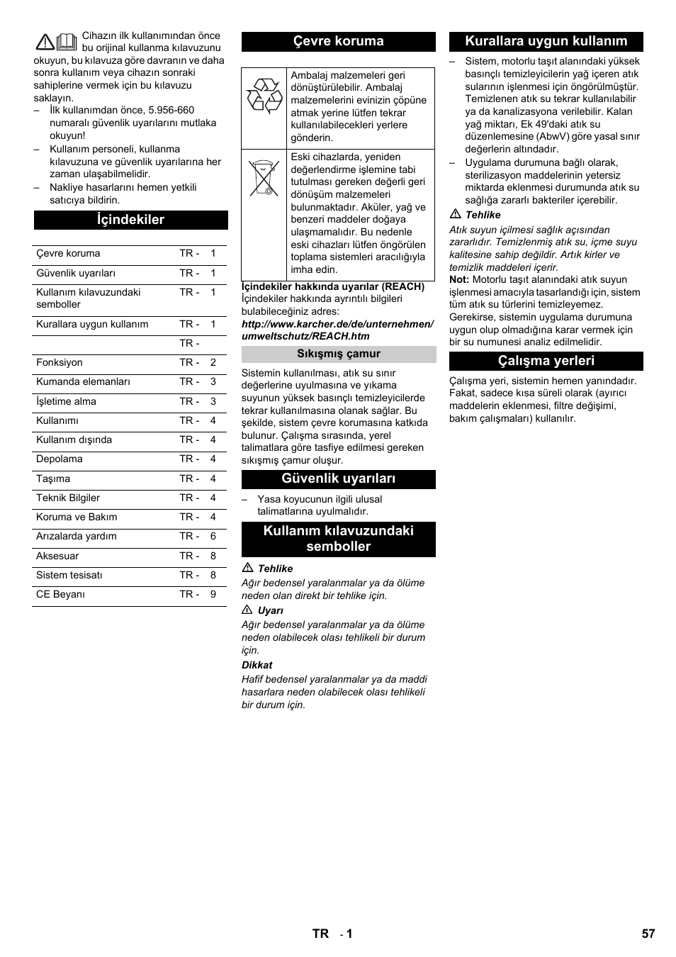 Içindekiler, Çevre koruma | Karcher HDR 777 EU User Manual | Page 57 / 96