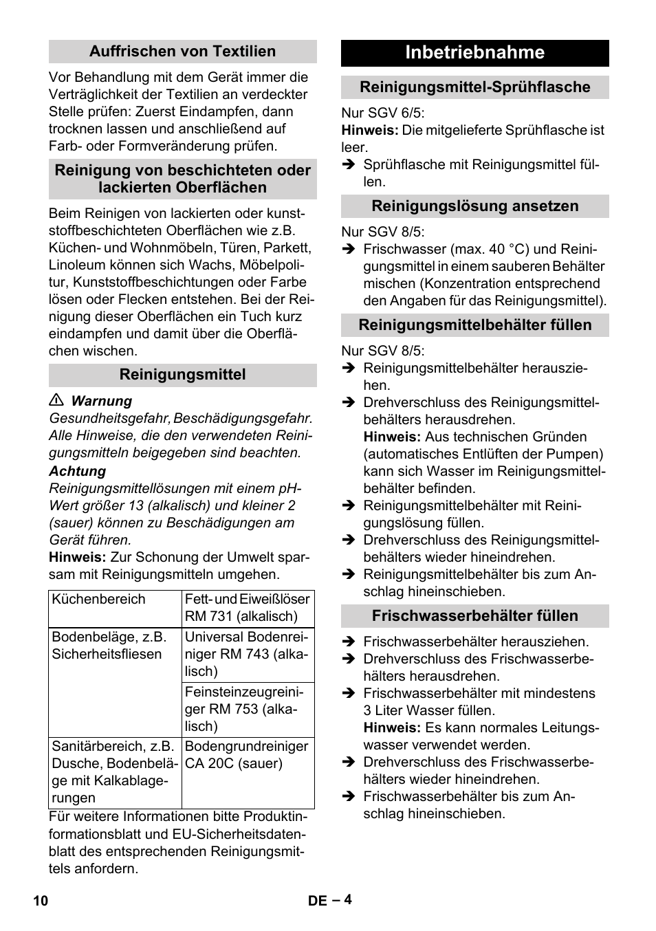 Auffrischen von textilien, Reinigungsmittel, Inbetriebnahme | Reinigungsmittel-sprühflasche, Reinigungslösung ansetzen, Reinigungsmittelbehälter füllen, Frischwasserbehälter füllen | Karcher SGV 8-5 User Manual | Page 10 / 372