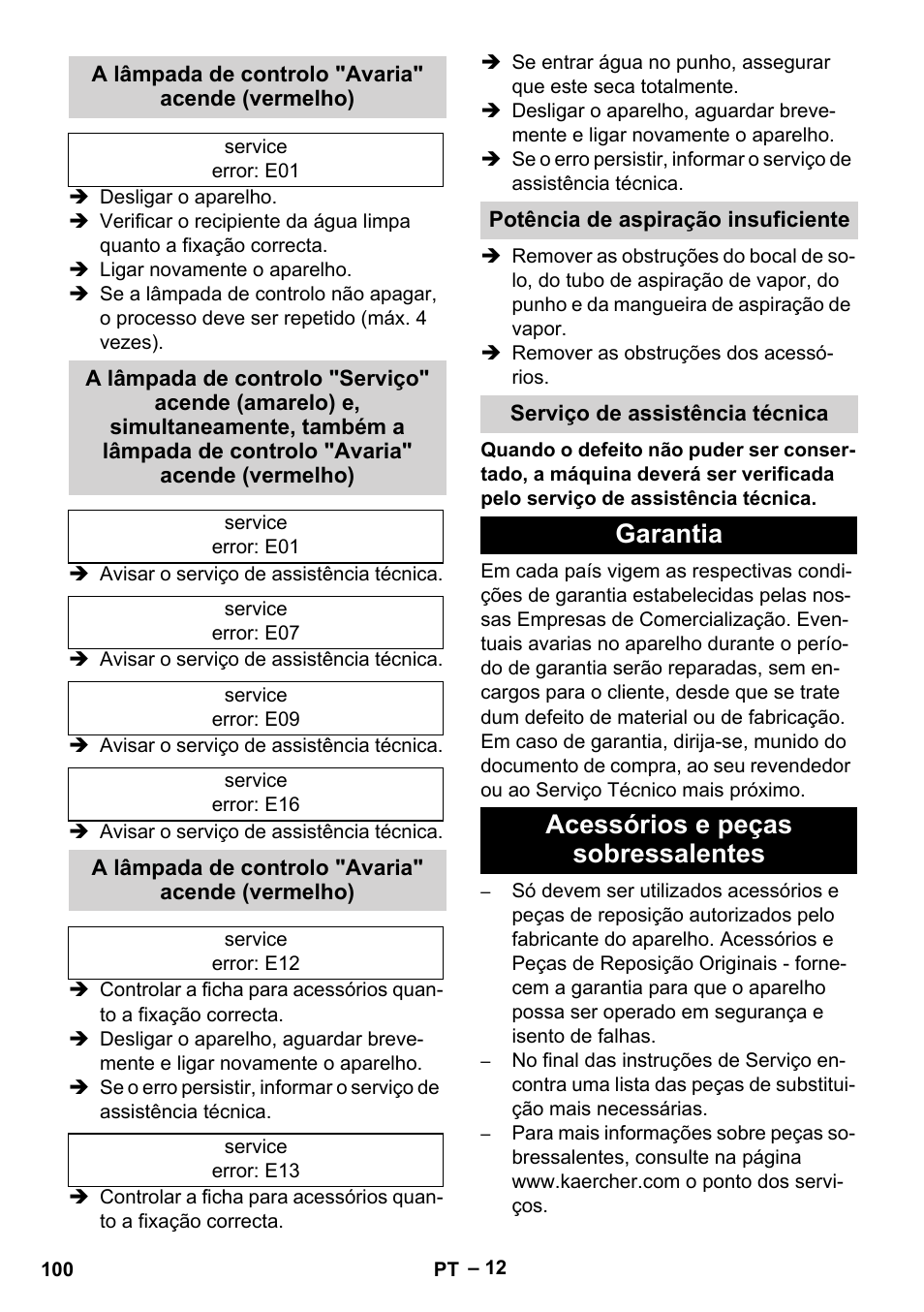 A lâmpada de controlo "avaria" acende (vermelho), Potência de aspiração insuficiente, Serviço de assistência técnica | Garantia, Acessórios e peças sobressalentes, Garantia acessórios e peças sobressalentes | Karcher SGV 8-5 User Manual | Page 100 / 372