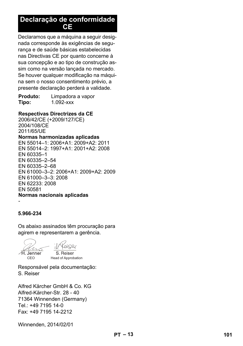 Declaração de conformidade ce | Karcher SGV 8-5 User Manual | Page 101 / 372