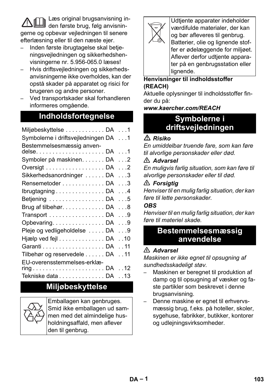 Dansk, Indholdsfortegnelse, Miljøbeskyttelse | Symbolerne i driftsvejledningen, Bestemmelsesmæssig anvendelse | Karcher SGV 8-5 User Manual | Page 103 / 372