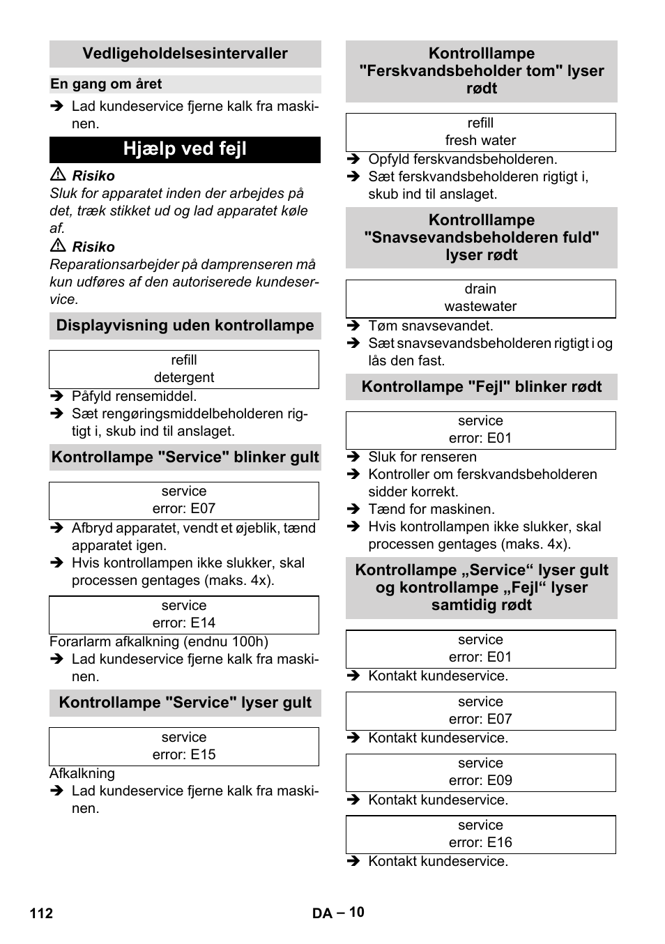 Vedligeholdelsesintervaller, En gang om året, Hjælp ved fejl | Displayvisning uden kontrollampe, Kontrollampe "service" blinker gult, Kontrollampe "service" lyser gult, Kontrolllampe "ferskvandsbeholder tom" lyser rødt, Kontrollampe "fejl" blinker rødt | Karcher SGV 8-5 User Manual | Page 112 / 372