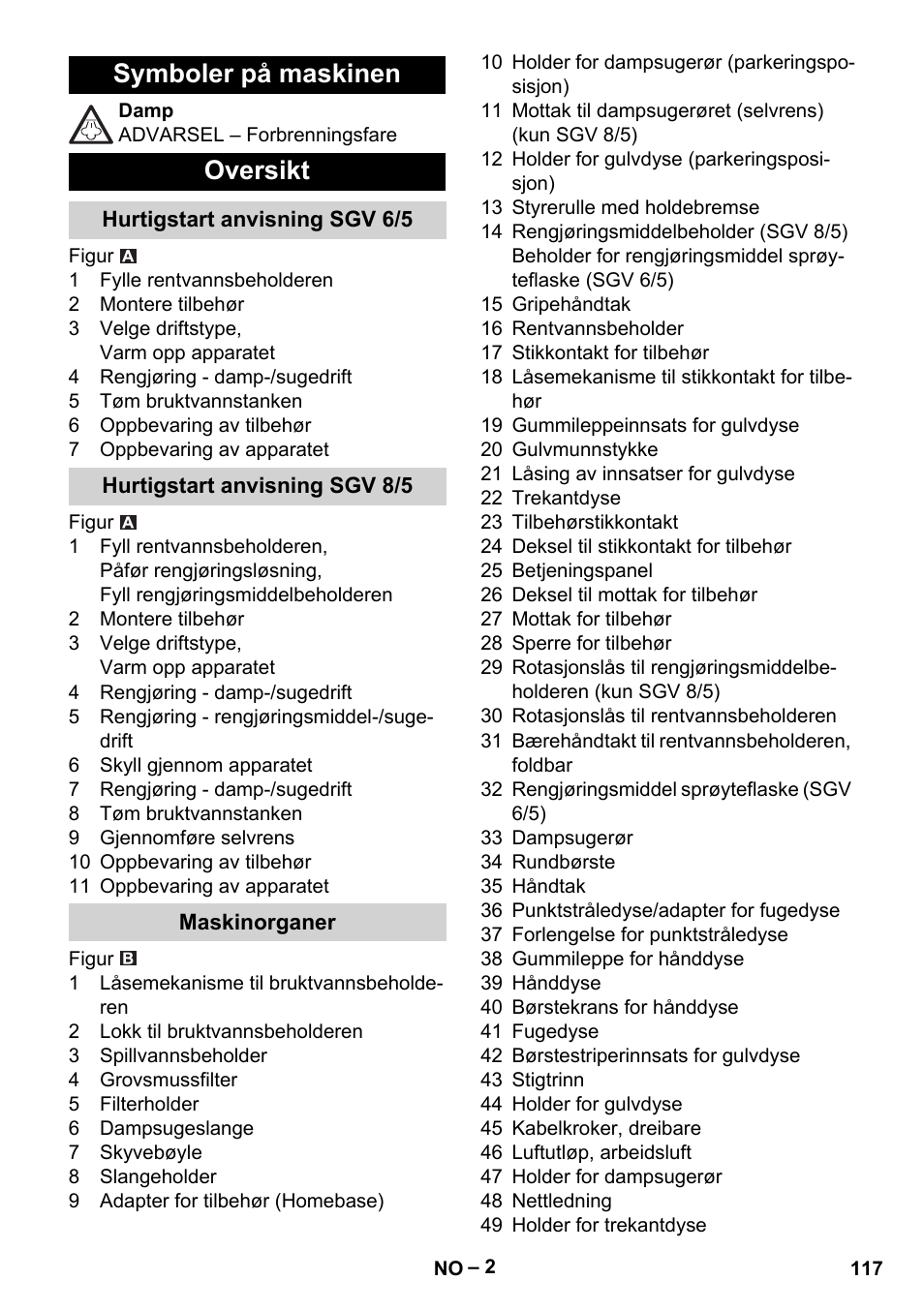 Symboler på maskinen, Oversikt, Hurtigstart anvisning sgv 6/5 | Hurtigstart anvisning sgv 8/5, Maskinorganer, Symboler på maskinen oversikt | Karcher SGV 8-5 User Manual | Page 117 / 372