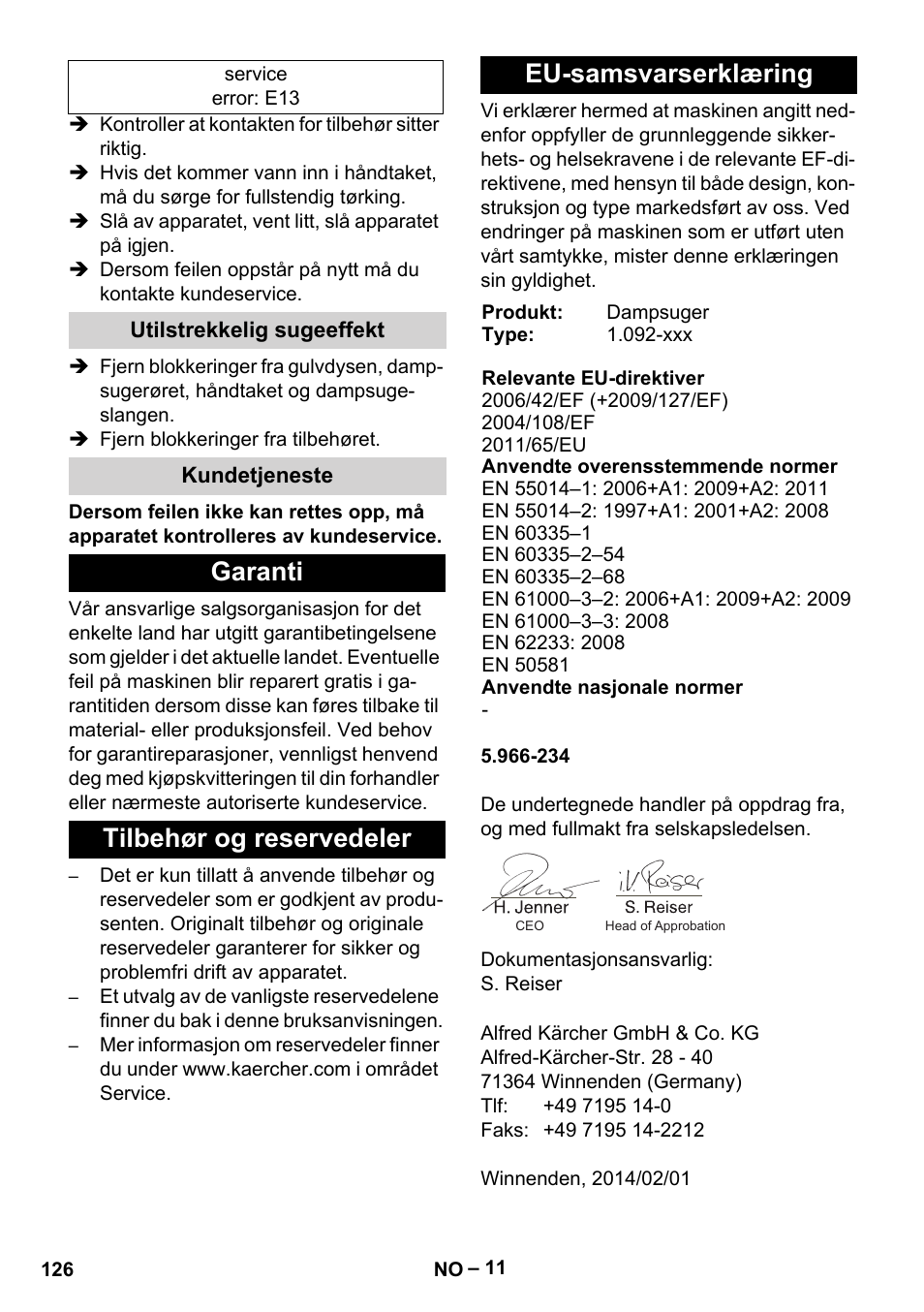Utilstrekkelig sugeeffekt, Kundetjeneste, Garanti | Tilbehør og reservedeler, Eu-samsvarserklæring | Karcher SGV 8-5 User Manual | Page 126 / 372