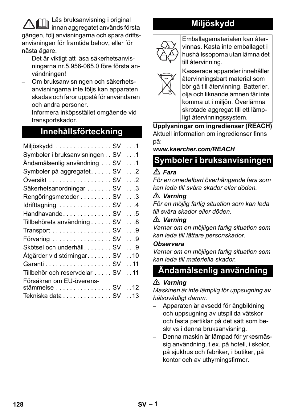 Svenska, Innehållsförteckning, Miljöskydd | Symboler i bruksanvisningen, Ändamålsenlig användning | Karcher SGV 8-5 User Manual | Page 128 / 372