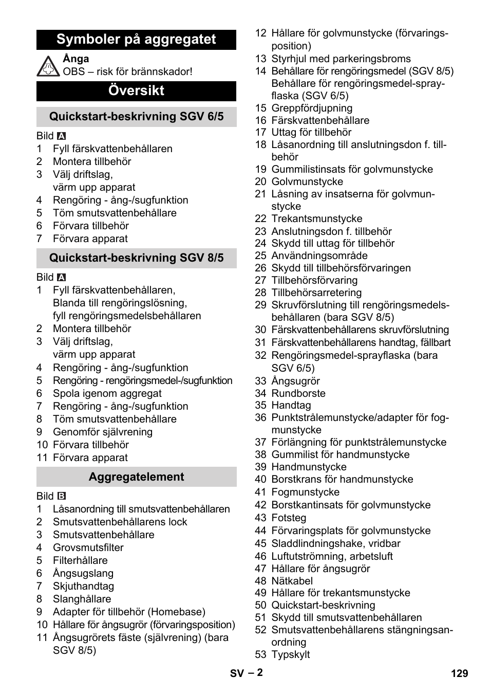 Symboler på aggregatet, Översikt, Quickstart-beskrivning sgv 6/5 | Quickstart-beskrivning sgv 8/5, Aggregatelement, Symboler på aggregatet översikt | Karcher SGV 8-5 User Manual | Page 129 / 372