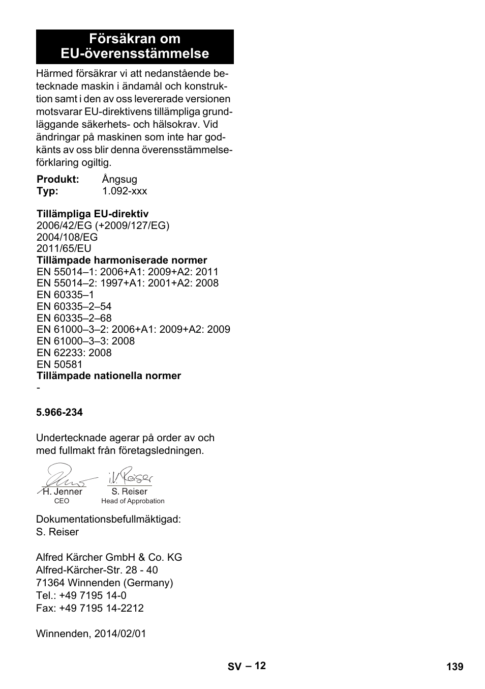 Försäkran om eu-överensstämmelse | Karcher SGV 8-5 User Manual | Page 139 / 372