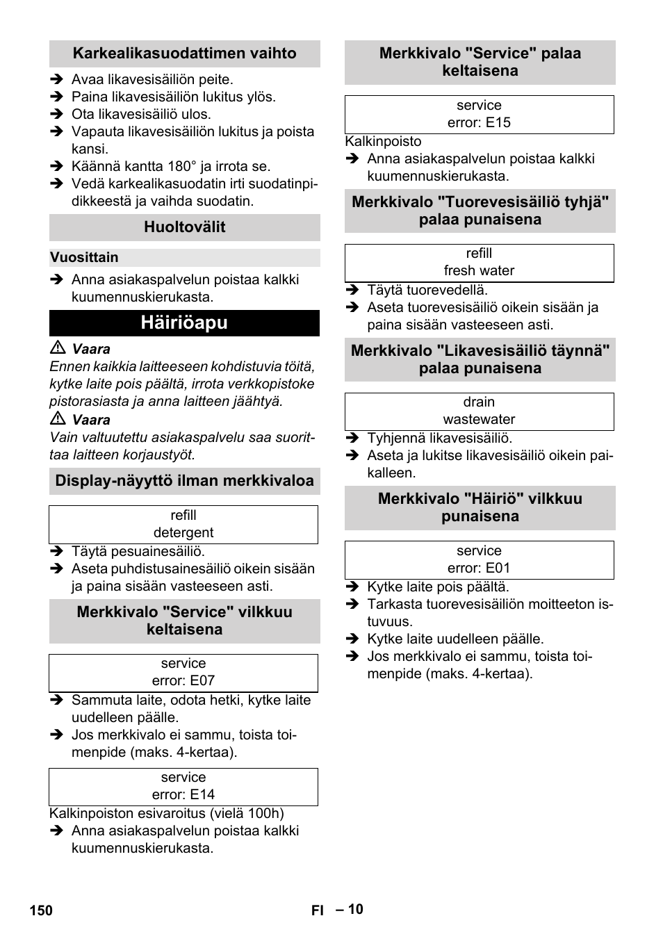 Karkealikasuodattimen vaihto, Huoltovälit, Vuosittain | Häiriöapu, Display-näyyttö ilman merkkivaloa, Merkkivalo "service" vilkkuu keltaisena, Merkkivalo "service" palaa keltaisena, Merkkivalo "tuorevesisäiliö tyhjä" palaa punaisena, Merkkivalo "likavesisäiliö täynnä" palaa punaisena, Merkkivalo "häiriö" vilkkuu punaisena | Karcher SGV 8-5 User Manual | Page 150 / 372