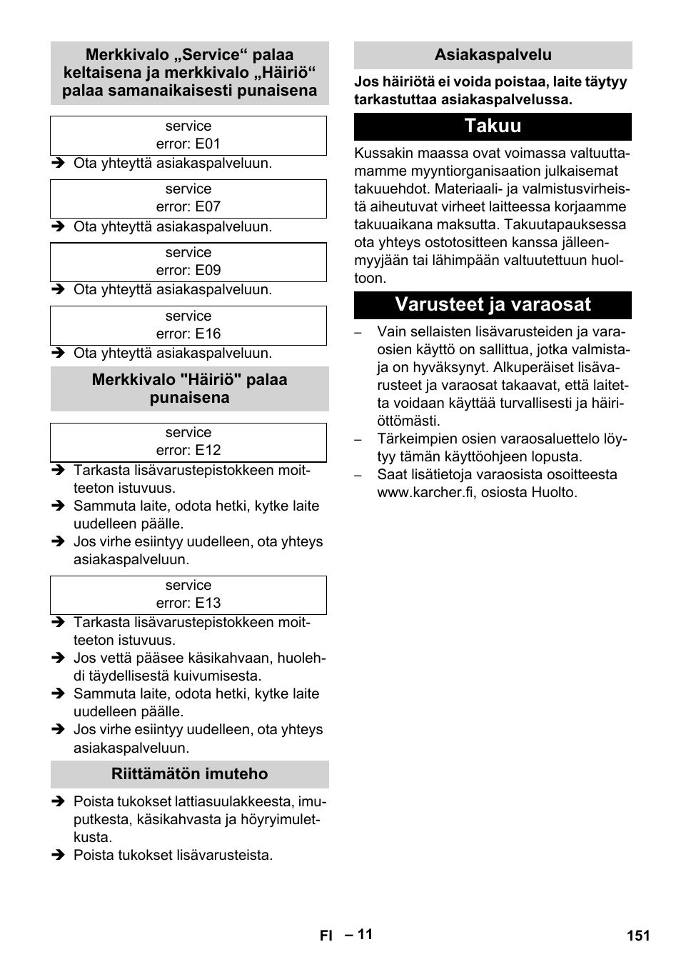 Merkkivalo "häiriö" palaa punaisena, Riittämätön imuteho, Asiakaspalvelu | Takuu, Varusteet ja varaosat, Takuu varusteet ja varaosat | Karcher SGV 8-5 User Manual | Page 151 / 372