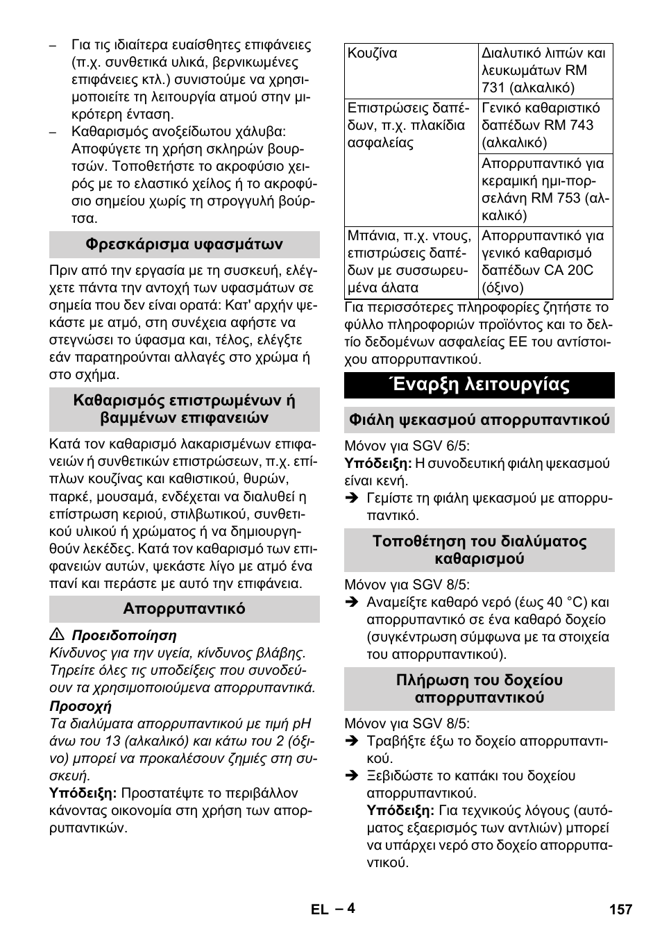 Φρεσκάρισμα υφασμάτων, Καθαρισμός επιστρωμένων ή βαμμένων επιφανειών, Απορρυπαντικό | Έναρξη λειτουργίας, Φιάλη ψεκασμού απορρυπαντικού, Τοποθέτηση του διαλύματος καθαρισμού, Πλήρωση του δοχείου απορρυπαντικού | Karcher SGV 8-5 User Manual | Page 157 / 372