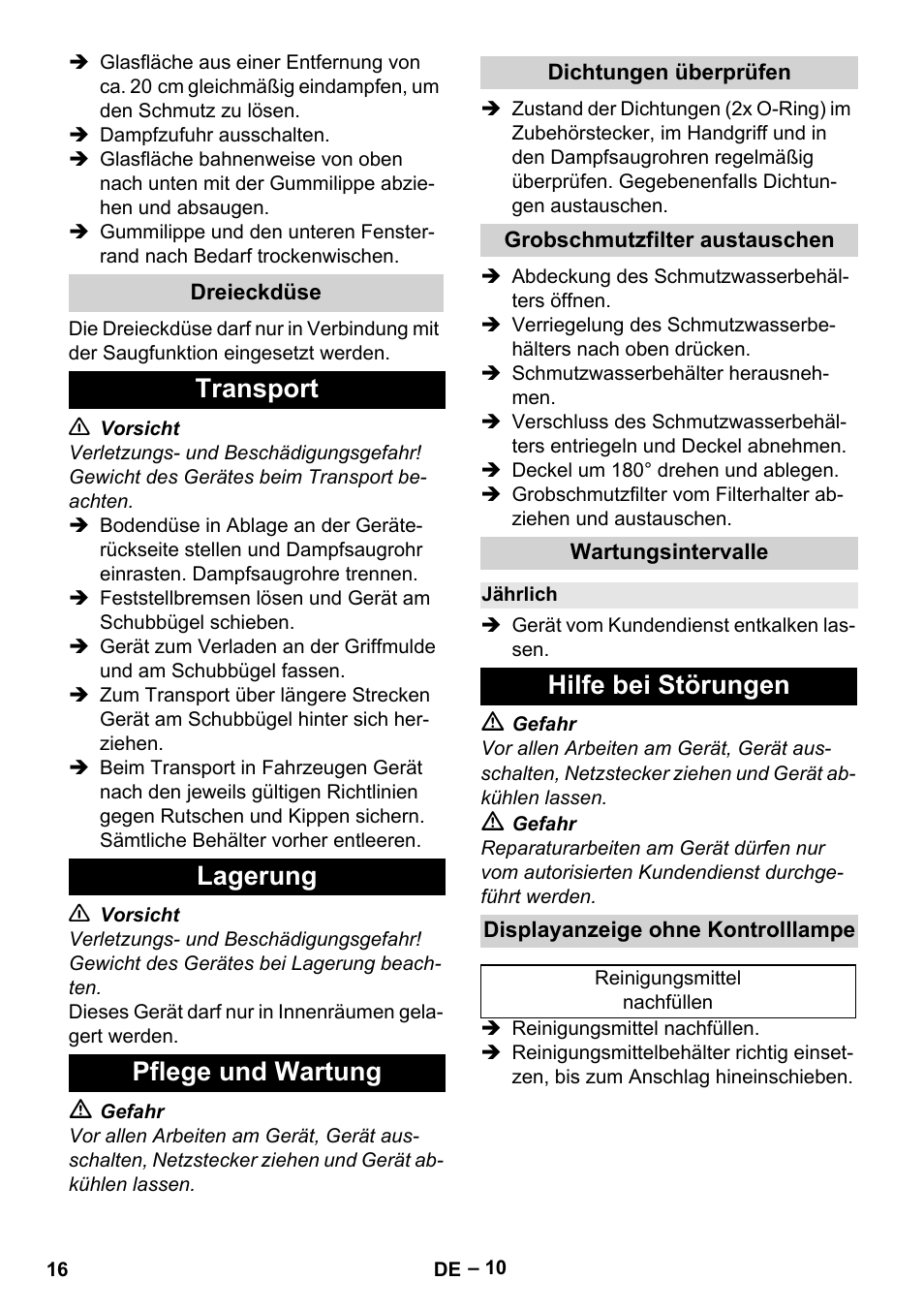 Dreieckdüse, Transport, Lagerung | Pflege und wartung, Dichtungen überprüfen, Grobschmutzfilter austauschen, Wartungsintervalle, Jährlich, Hilfe bei störungen, Displayanzeige ohne kontrolllampe | Karcher SGV 8-5 User Manual | Page 16 / 372