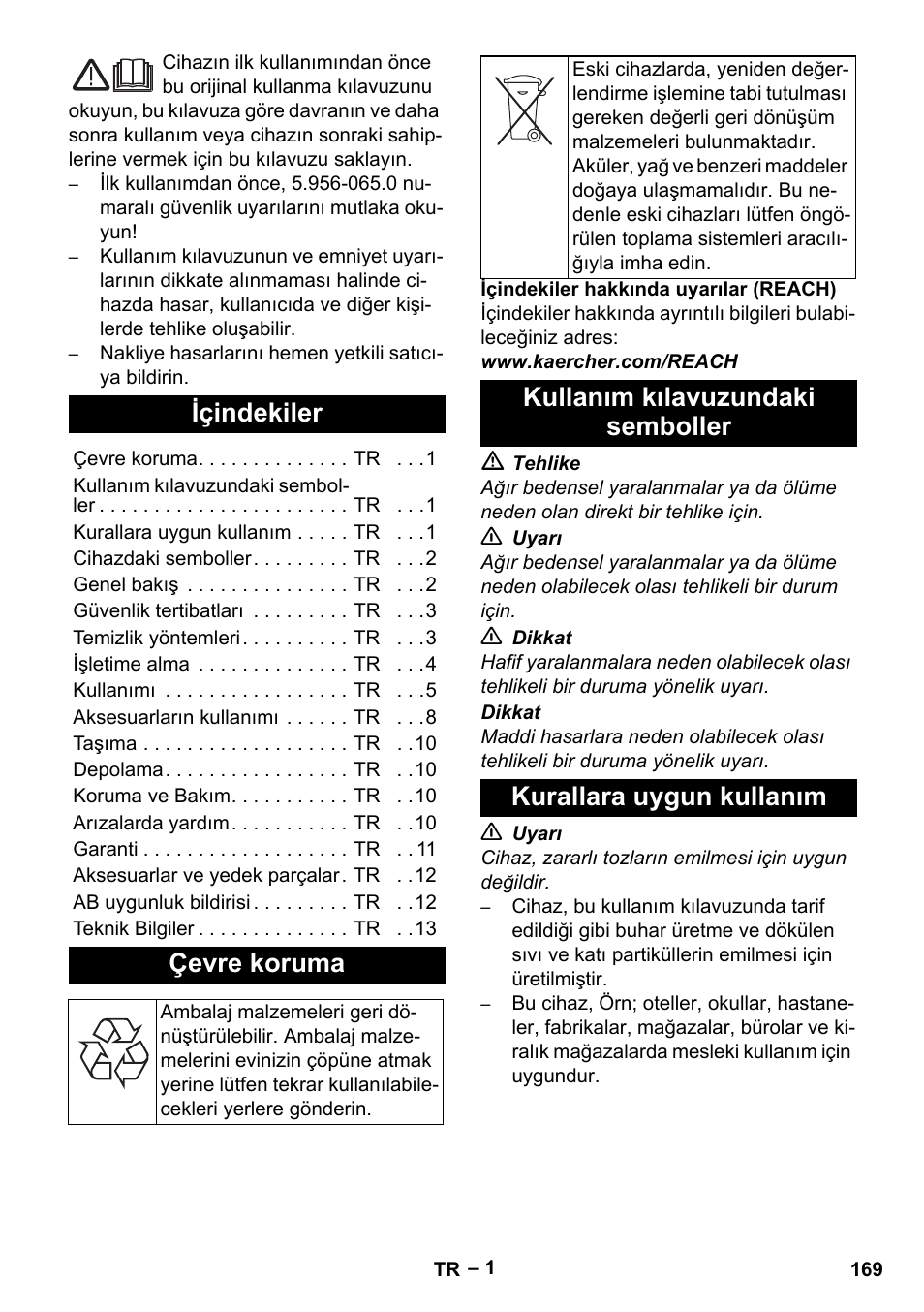 Türkçe, Içindekiler, Çevre koruma | Kullanım kılavuzundaki semboller, Kurallara uygun kullanım | Karcher SGV 8-5 User Manual | Page 169 / 372