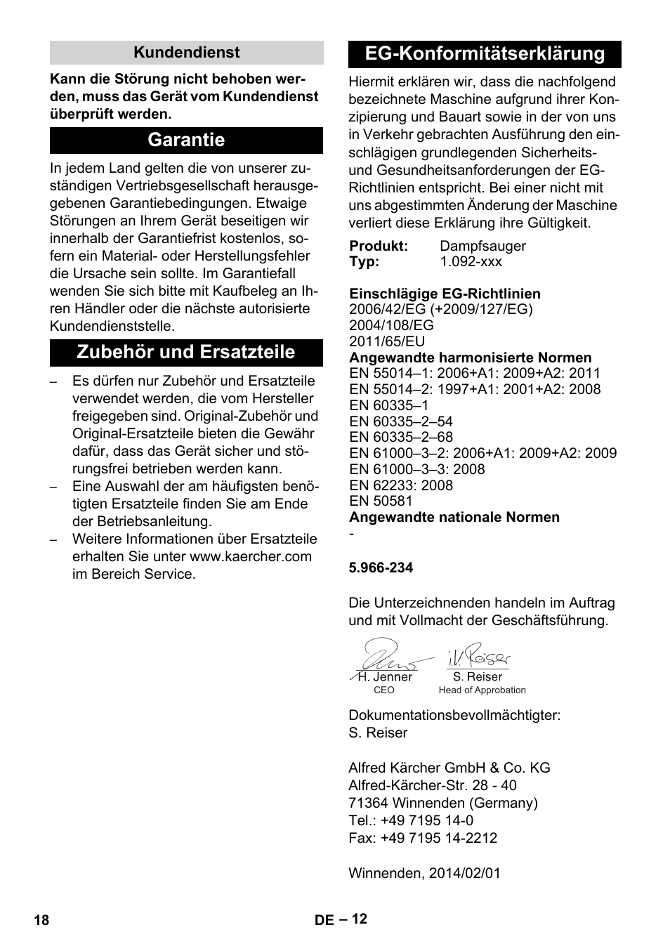 Kundendienst, Garantie, Zubehör und ersatzteile | Eg-konformitätserklärung | Karcher SGV 8-5 User Manual | Page 18 / 372