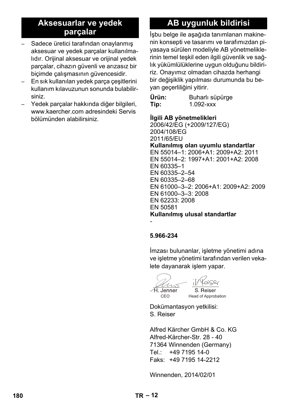 Aksesuarlar ve yedek parçalar, Ab uygunluk bildirisi | Karcher SGV 8-5 User Manual | Page 180 / 372