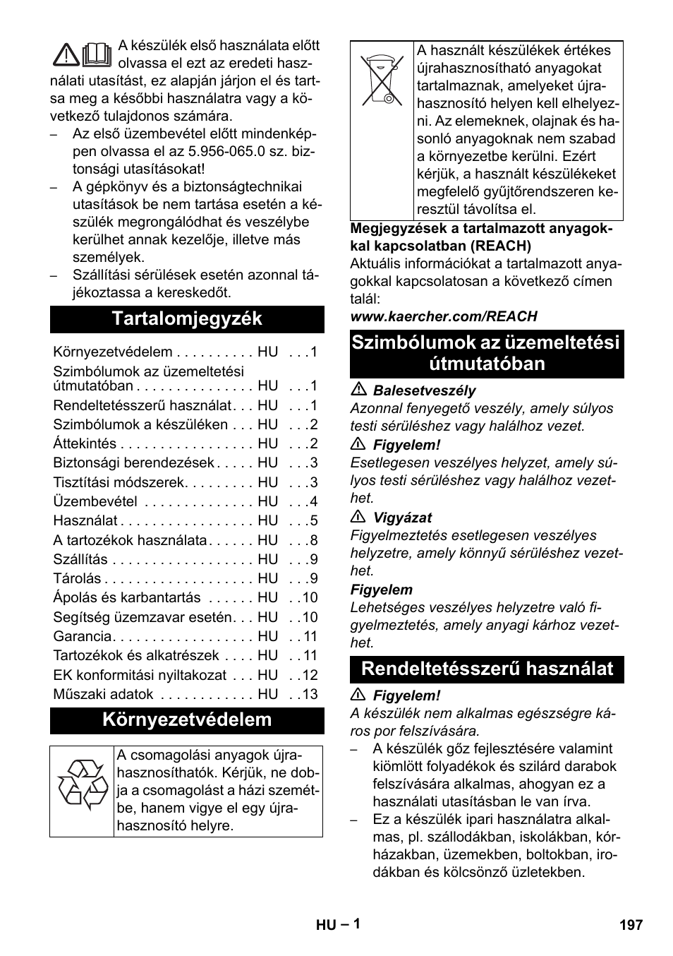 Magyar, Tartalomjegyzék, Környezetvédelem | Szimbólumok az üzemeltetési útmutatóban, Rendeltetésszerű használat | Karcher SGV 8-5 User Manual | Page 197 / 372