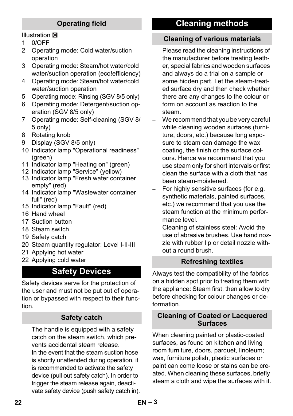 Operating field, Safety devices, Safety catch | Cleaning methods, Cleaning of various materials, Refreshing textiles, Cleaning of coated or lacquered surfaces | Karcher SGV 8-5 User Manual | Page 22 / 372