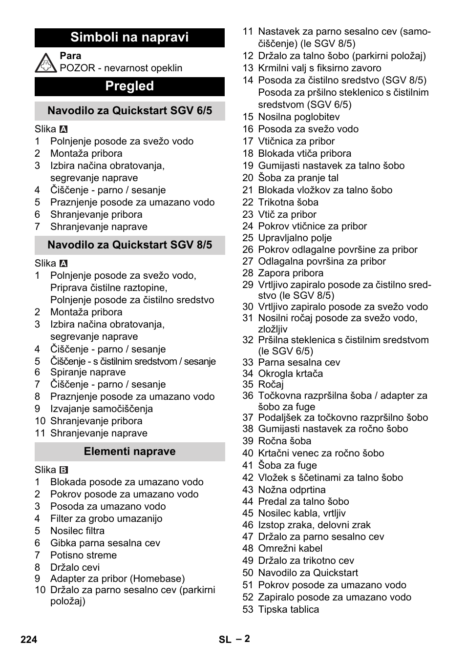 Simboli na napravi, Pregled, Navodilo za quickstart sgv 6/5 | Navodilo za quickstart sgv 8/5, Elementi naprave, Simboli na napravi pregled | Karcher SGV 8-5 User Manual | Page 224 / 372