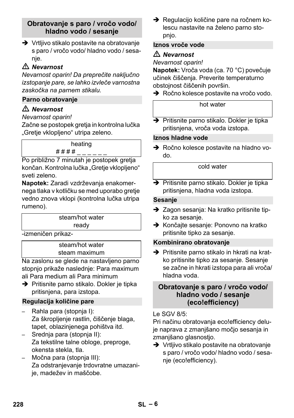 Parno obratovanje, Regulacija količine pare, Iznos vroče vode | Iznos hladne vode, Sesanje, Kombinirano obratovanje | Karcher SGV 8-5 User Manual | Page 228 / 372