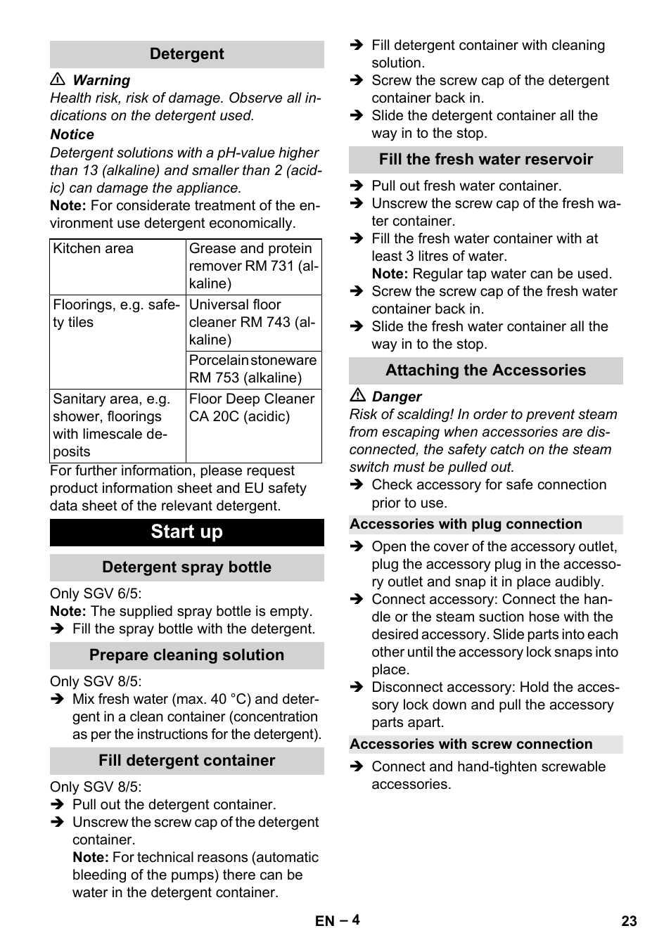 Detergent, Start up, Detergent spray bottle | Prepare cleaning solution, Fill detergent container, Fill the fresh water reservoir, Attaching the accessories, Accessories with plug connection, Accessories with screw connection | Karcher SGV 8-5 User Manual | Page 23 / 372