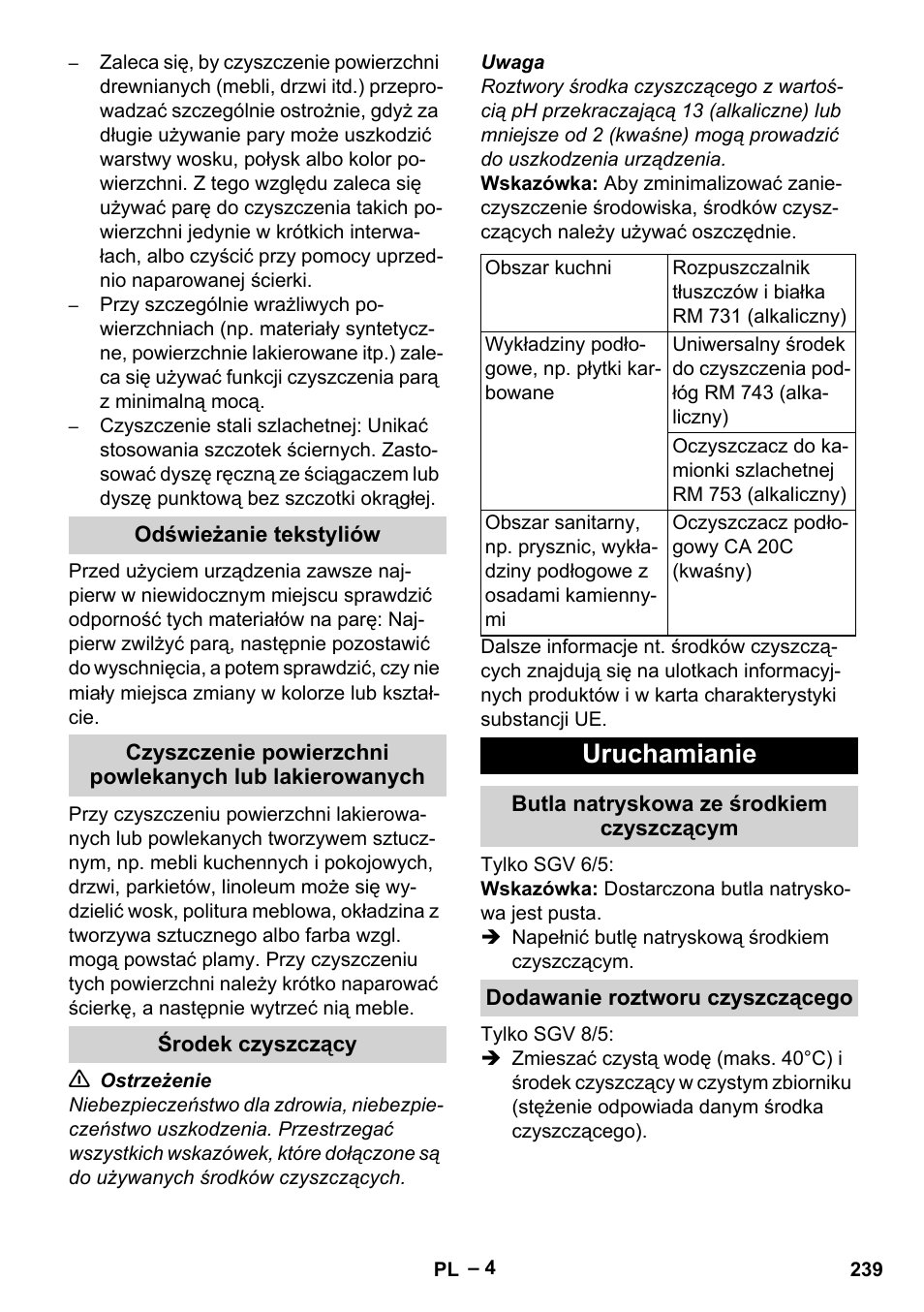 Odświeżanie tekstyliów, Środek czyszczący, Uruchamianie | Butla natryskowa ze środkiem czyszczącym, Dodawanie roztworu czyszczącego | Karcher SGV 8-5 User Manual | Page 239 / 372