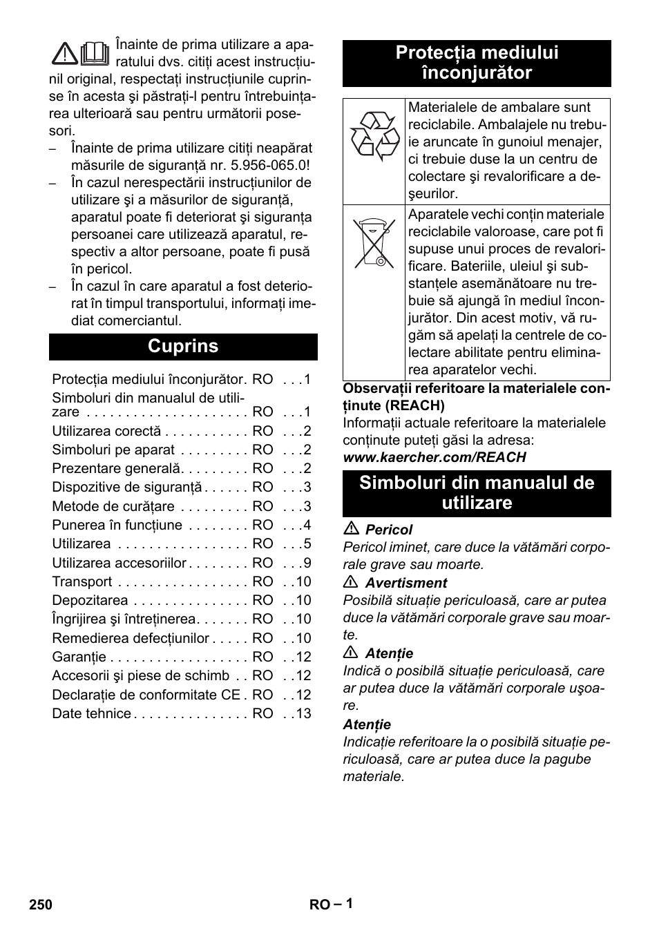 Româneşte, Cuprins, Protecţia mediului înconjurător | Simboluri din manualul de utilizare | Karcher SGV 8-5 User Manual | Page 250 / 372