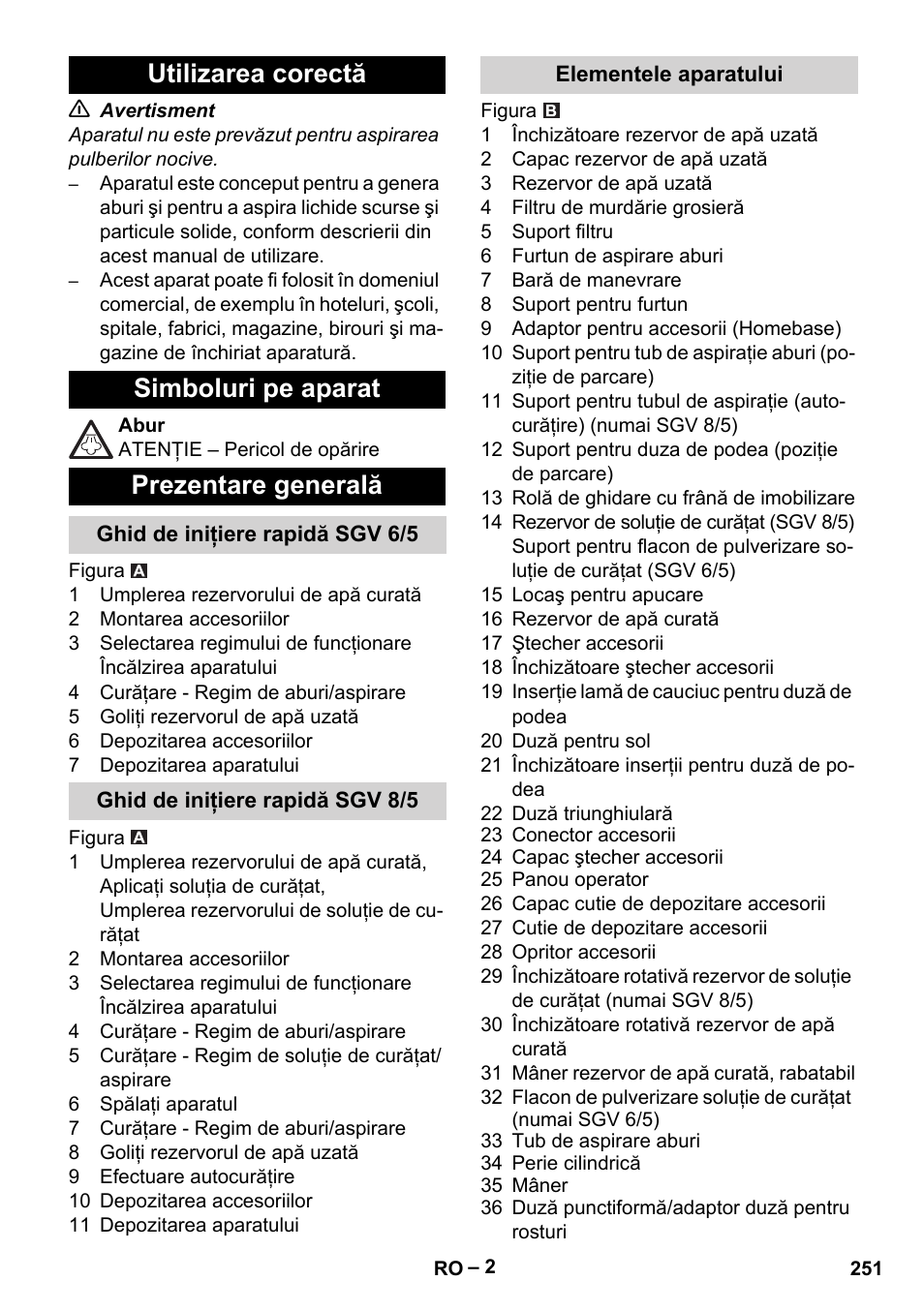 Utilizarea corectă, Simboluri pe aparat, Prezentare generală | Ghid de iniţiere rapidă sgv 6/5, Ghid de iniţiere rapidă sgv 8/5, Elementele aparatului | Karcher SGV 8-5 User Manual | Page 251 / 372