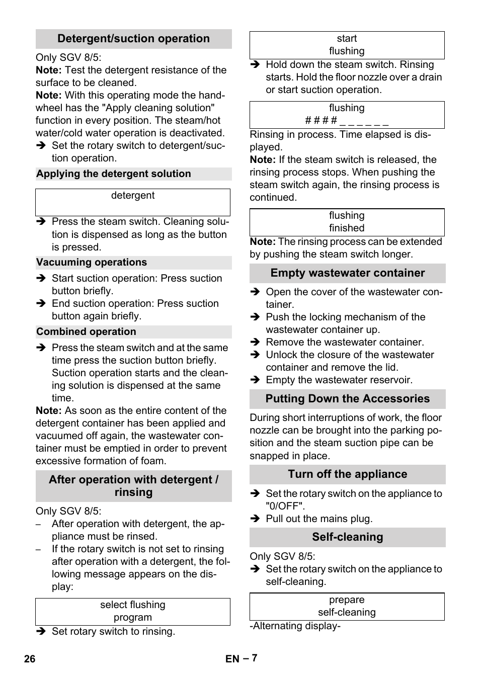 Detergent/suction operation, Applying the detergent solution, Vacuuming operations | Combined operation, After operation with detergent / rinsing, Empty wastewater container, Putting down the accessories, Turn off the appliance, Self-cleaning | Karcher SGV 8-5 User Manual | Page 26 / 372