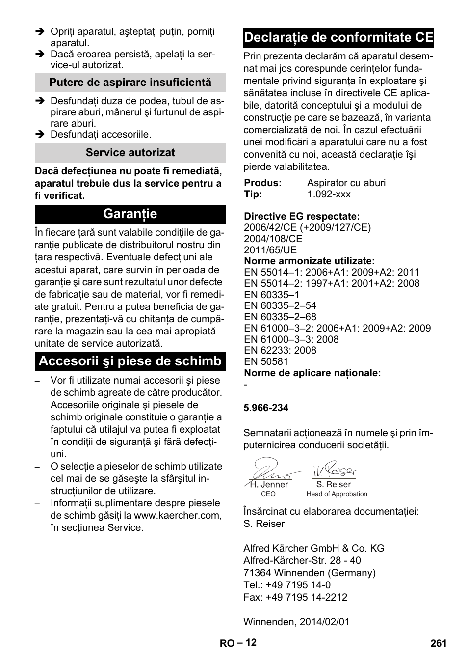 Putere de aspirare insuficientă, Service autorizat, Garanţie | Accesorii şi piese de schimb, Declaraţie de conformitate ce | Karcher SGV 8-5 User Manual | Page 261 / 372