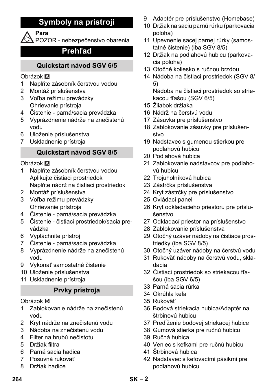 Symboly na prístroji, Prehľad, Quickstart návod sgv 6/5 | Quickstart návod sgv 8/5, Prvky prístroja, Symboly na prístroji prehľad | Karcher SGV 8-5 User Manual | Page 264 / 372