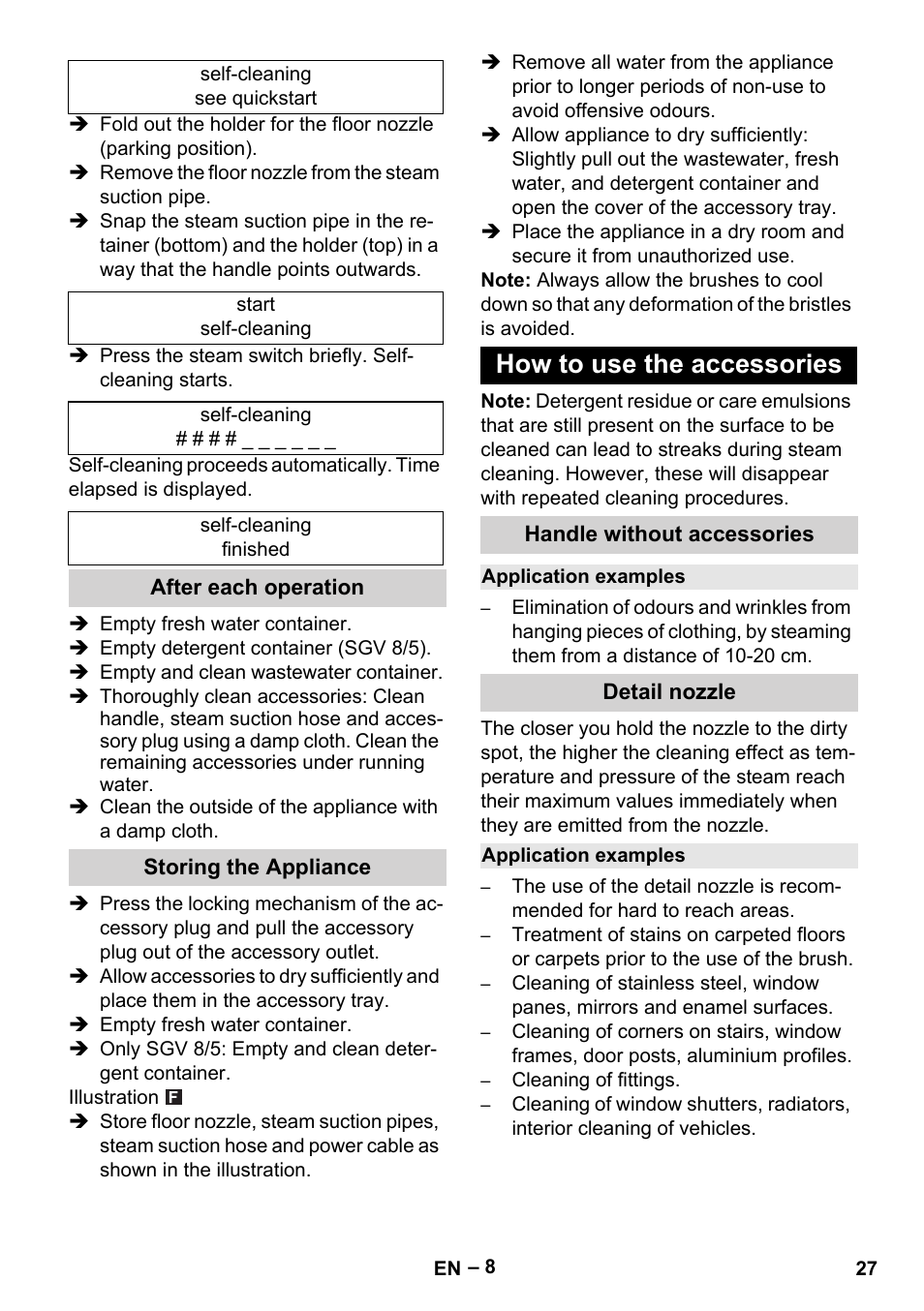 After each operation, Storing the appliance, How to use the accessories | Handle without accessories, Application examples, Detail nozzle | Karcher SGV 8-5 User Manual | Page 27 / 372