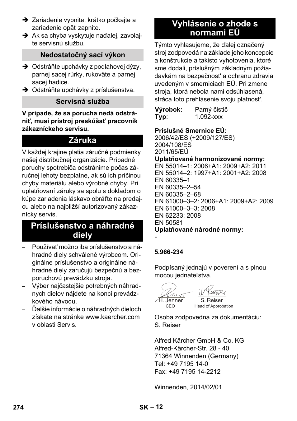 Nedostatočný sací výkon, Servisná služba, Záruka | Príslušenstvo a náhradné diely, Vyhlásenie o zhode s normami eú | Karcher SGV 8-5 User Manual | Page 274 / 372