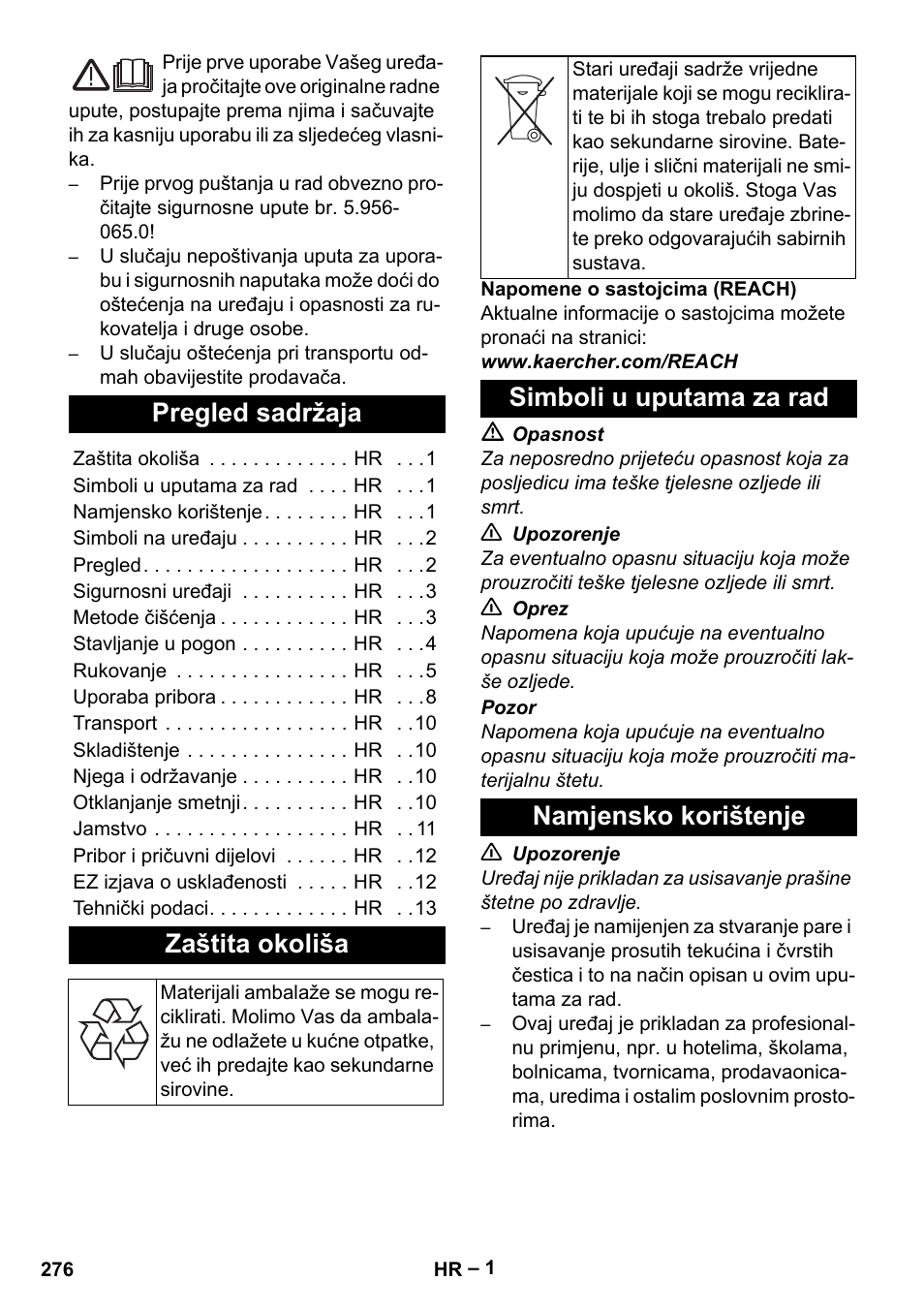 Hrvatski, Pregled sadržaja, Zaštita okoliša | Simboli u uputama za rad, Namjensko korištenje, Simboli u uputama za rad namjensko korištenje | Karcher SGV 8-5 User Manual | Page 276 / 372