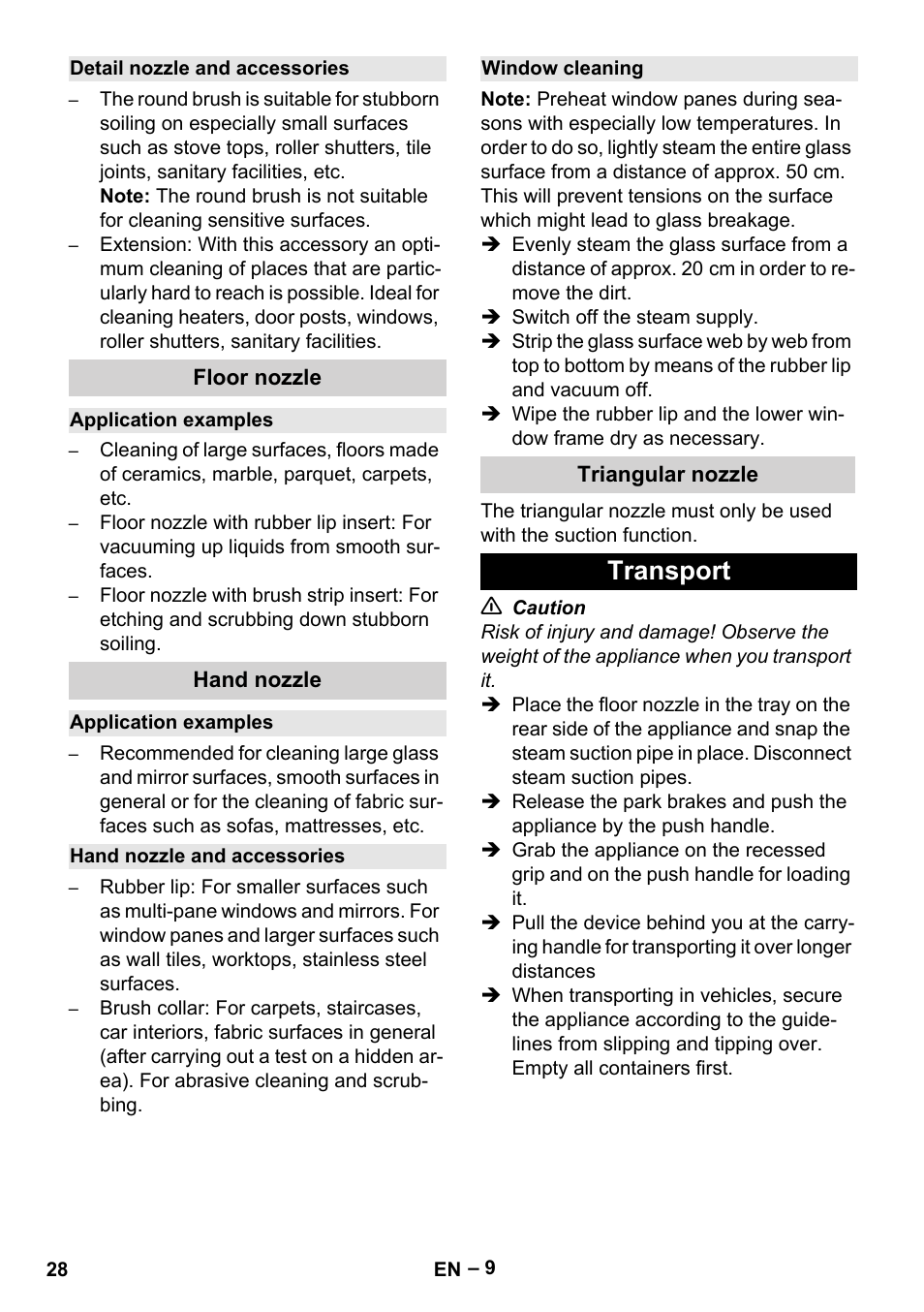 Detail nozzle and accessories, Floor nozzle, Application examples | Hand nozzle, Hand nozzle and accessories, Window cleaning, Triangular nozzle, Transport | Karcher SGV 8-5 User Manual | Page 28 / 372