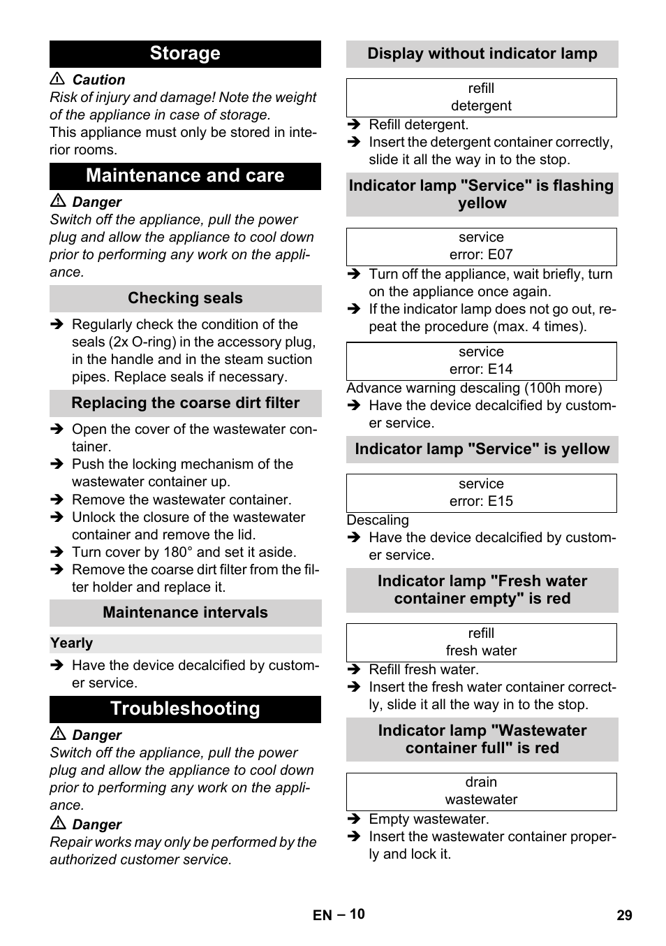Storage, Maintenance and care, Checking seals | Replacing the coarse dirt filter, Maintenance intervals, Yearly, Troubleshooting, Display without indicator lamp, Indicator lamp "service" is flashing yellow, Indicator lamp "service" is yellow | Karcher SGV 8-5 User Manual | Page 29 / 372