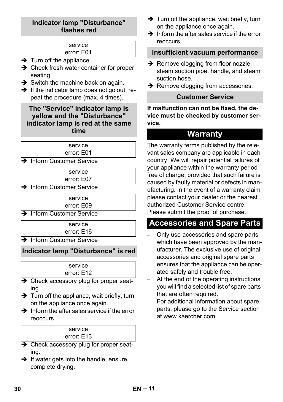 Indicator lamp "disturbance" flashes red, Indicator lamp "disturbance" is red, Insufficient vacuum performance | Customer service, Warranty, Accessories and spare parts, Warranty accessories and spare parts | Karcher SGV 8-5 User Manual | Page 30 / 372