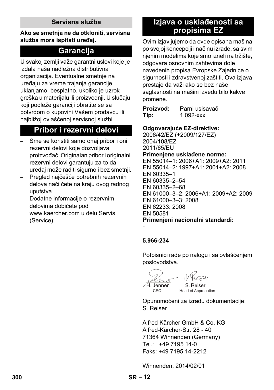 Servisna služba, Garancija, Pribor i rezervni delovi | Izjava o usklađenosti sa propisima ez | Karcher SGV 8-5 User Manual | Page 300 / 372