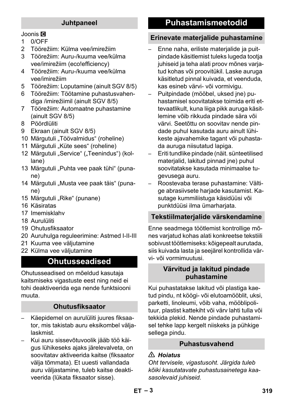 Juhtpaneel, Ohutusseadised, Ohutusfiksaator | Puhastamismeetodid, Erinevate materjalide puhastamine, Tekstiilmaterjalide värskendamine, Värvitud ja lakitud pindade puhastamine, Puhastusvahend | Karcher SGV 8-5 User Manual | Page 319 / 372