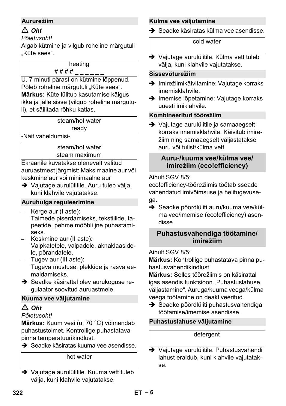 Aururežiim, Auruhulga reguleerimine, Kuuma vee väljutamine | Külma vee väljutamine, Sissevõturežiim, Kombineeritud töörežiim, Puhastusvahendiga töötamine/ imirežiim, Puhastuslahuse väljutamine | Karcher SGV 8-5 User Manual | Page 322 / 372