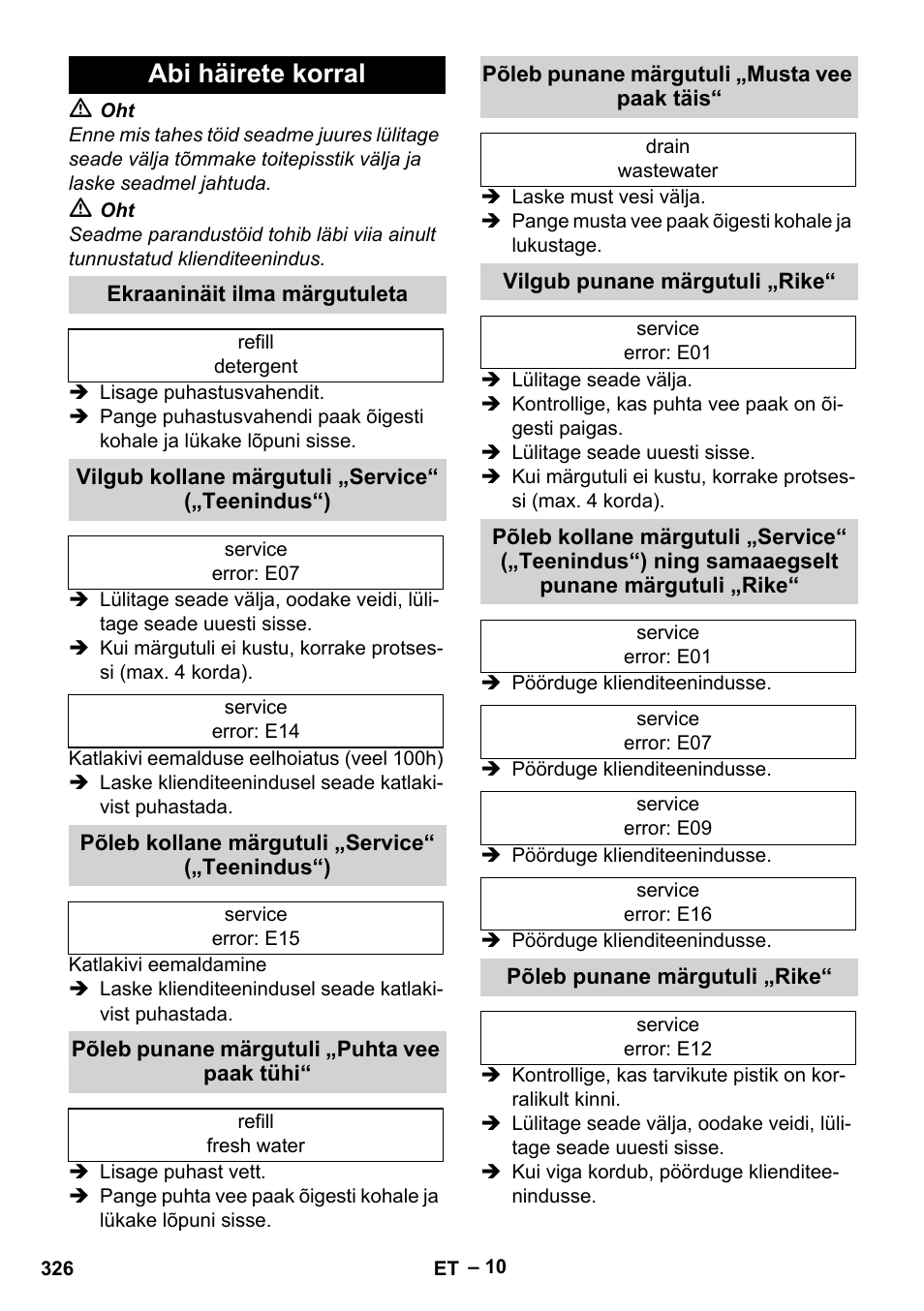 Abi häirete korral, Ekraaninäit ilma märgutuleta, Vilgub kollane märgutuli „service“ („teenindus“) | Põleb kollane märgutuli „service“ („teenindus“), Põleb punane märgutuli „puhta vee paak tühi, Põleb punane märgutuli „musta vee paak täis, Vilgub punane märgutuli „rike, Põleb punane märgutuli „rike | Karcher SGV 8-5 User Manual | Page 326 / 372