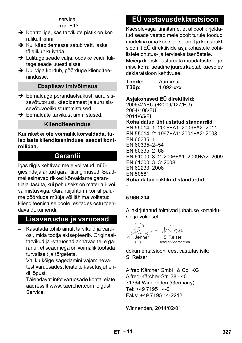 Ebapiisav imivõimsus, Klienditeenindus, Garantii | Lisavarustus ja varuosad, Eü vastavusdeklaratsioon | Karcher SGV 8-5 User Manual | Page 327 / 372