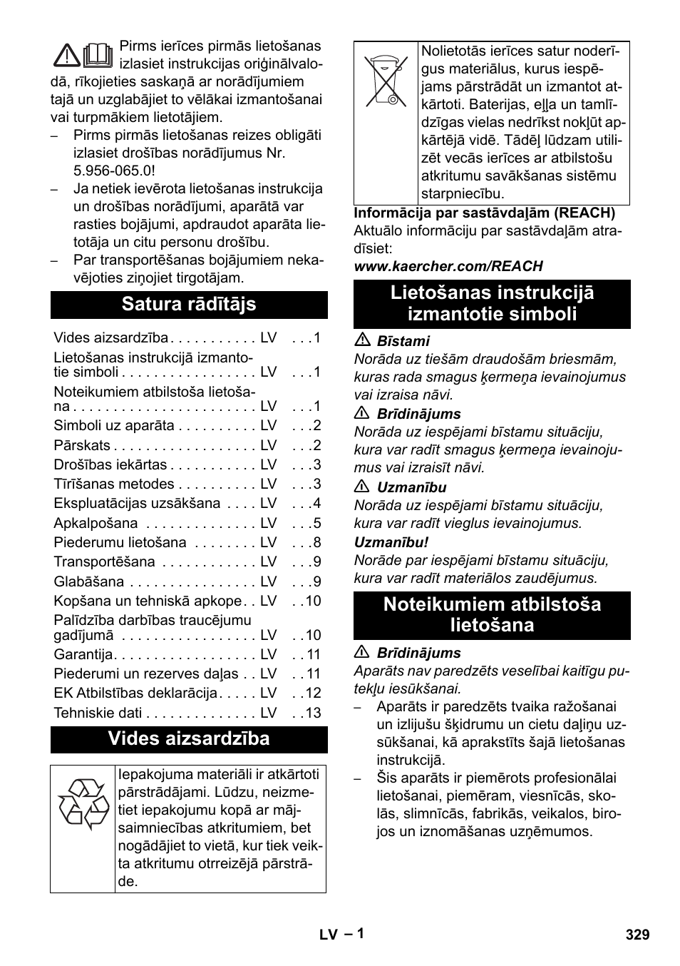 Latviešu, Satura rādītājs, Vides aizsardzība | Lietošanas instrukcijā izmantotie simboli, Noteikumiem atbilstoša lietošana | Karcher SGV 8-5 User Manual | Page 329 / 372