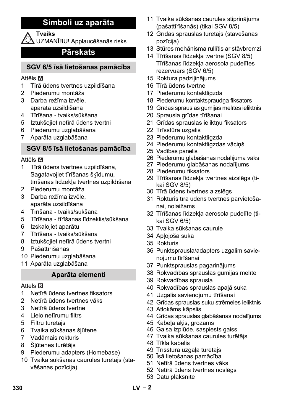 Simboli uz aparāta, Pārskats, Sgv 6/5 īsā lietošanas pamācība | Sgv 8/5 īsā lietošanas pamācība, Aparāta elementi, Simboli uz aparāta pārskats | Karcher SGV 8-5 User Manual | Page 330 / 372